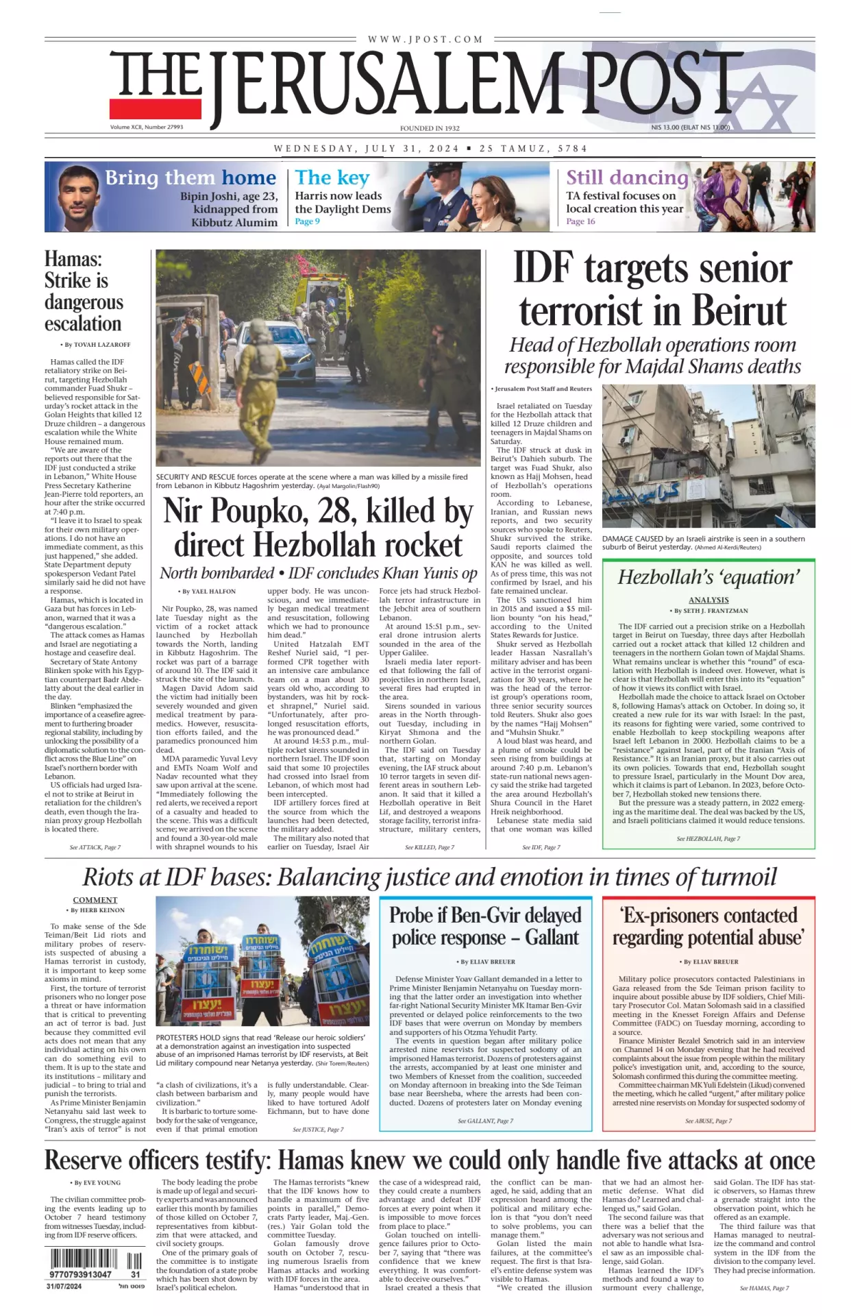 Prima-pagina-the jerusalem post-edizione-di-oggi-31-07-2024